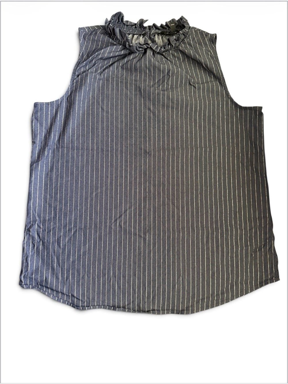 Banana Republic Blue Gold Metallic Pinstripe Ruffle Neck Sleeveless Top L